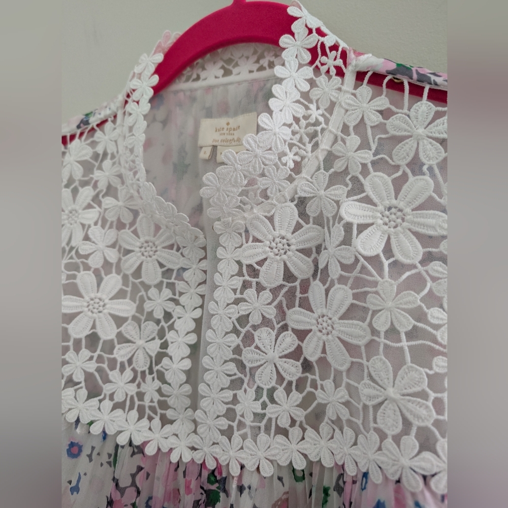 KATE SPADE Silk Lace Devore Blouse WOMEN'S L Pink Daisy Floral Romantic Ruffles - Picture 7 of 16